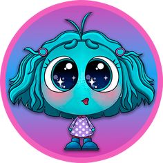 an image of a cartoon character with big eyes and blue hair, standing in front of a purple circle