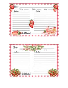 two recipe cards with strawberries and strawberrys on them