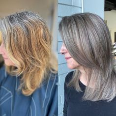 Gray Blending Medium Brown Hair, Transitioning To Gray Hair, Natural White Hair, Gray Blending, Ash Grey Hair, Grey Blending, Gray Balayage, Grey Hair Care, Grey Blonde Hair