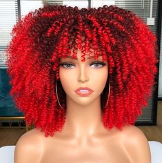 Beautiful Short Curly Afro Wig With Bangs Materials Height: 14 Inch Synthetic Color Ombre Red #Curlywig #Wig #Hair Natural Hair Ombre, Bangs For Black Women, Short Curly Afro, Curly Afro Wig, Hairstyles Bob, Short Afro, Hair Ombre, Afro Wigs, Red Wigs