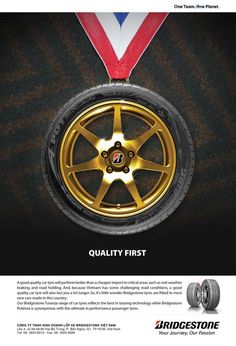 an ad for bridgestone tire with the words quality first on it and a medal hanging from