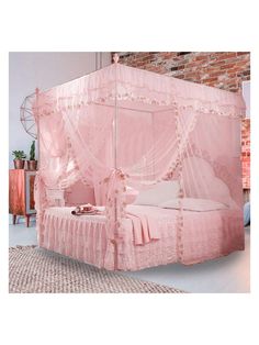a pink canopy bed in a room with brick wall and rugs on the floor