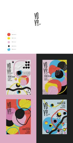 three different colored posters with black, white and yellow designs on them in various colors