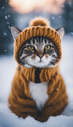 a cat wearing a knitted hat and scarf in the snow with it's eyes wide open