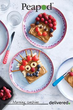 three plates with desserts on them and the words pepod above them