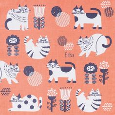 an orange fabric with cats and flowers on it