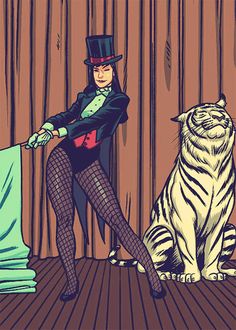 a drawing of a woman dressed as a cat and a man in a top hat