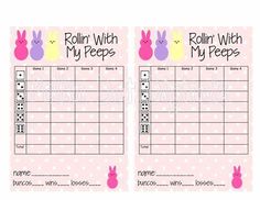 two pink bunny themed reward cards with words on the front and back, one for rollin'with my peeps