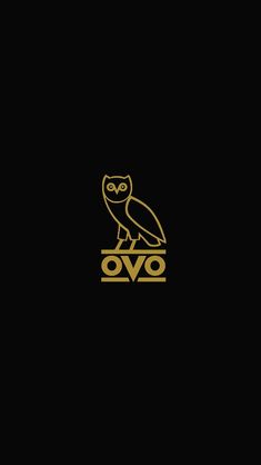 an owl sitting on top of a wooden table next to a black background with gold lettering