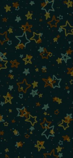 the stars are all different colors and sizes on this dark blue background with orange, yellow, and green dots