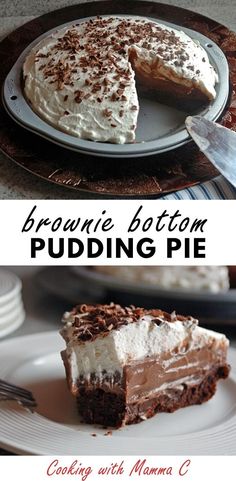 there is a piece of brownie bottom pudding pie on the plate and in front of it