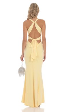 Front Twist V-Neck Maxi Dress in Yellow | LUCY IN THE SKY Homecoming Dresses Yellow Long, Los Angeles, Yellow Formal Dress Long Classy, Pale Prom Dress, Maxi Homecoming Dresses, Yellow Homecoming Dresses Long, Yellow Debs Dress, Yellow Long Dress Formal, European Maxi Dress