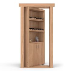 an open wooden door with shelves on each side