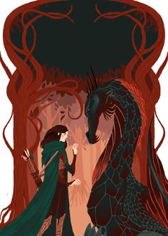 an image of a woman and a dragon in the woods with red trees behind her