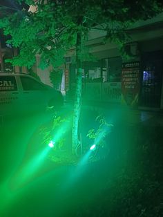 two green laser lights are shining on the ground next to a tree and building at night