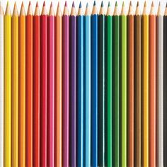 colored pencils lined up in rows on a white background