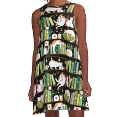 Loose-fit, mid-length sleeveless dress with silky handfeel. Printed on both sides. Machine washable. Size range XS-2XL. pot, plant, vase, mug, cup, drinking, cleaning, feather, interior, branch, dark, light, flat, library, cat, book, shelf, bookshelf, cute, cartoon, education, room, pet, row, literature, flower, candle, cosy, colorful, reading, white, orange, funny, animal, red, tabby, black, green, home, house, giftoriginal, shelves, hygge, cozy, bookworm Candle Cartoon, Flower Funny, Book Bookshelf, Book Dress, Candle Dressing, Cat Cleaning, Red Room, Vase White, Whimsical Cats