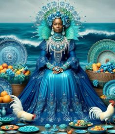 a painting of a woman surrounded by blue dishes and fruit in front of the ocean