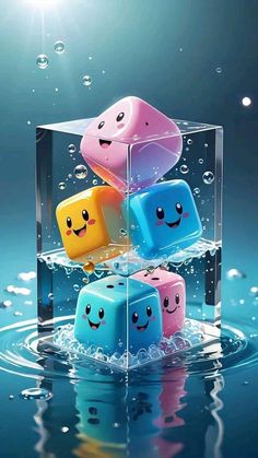four cubes floating in water with faces drawn on the sides and eyes painted to look like they are smiling
