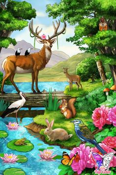 a painting of deer and birds on a bridge over a pond with lily pad flowers