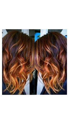 Chunky Colored Highlights Short Hair, Red To Brown Ombre Hair, Orange Highlights On Dark Hair, Boliage Hair On Brown Hair, Colour For Curly Hair, Orange Highlights In Black Hair, Burgundy Orange Hair, Sunflower Hair Color Ombre