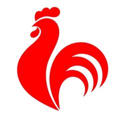 a red rooster logo on a white background