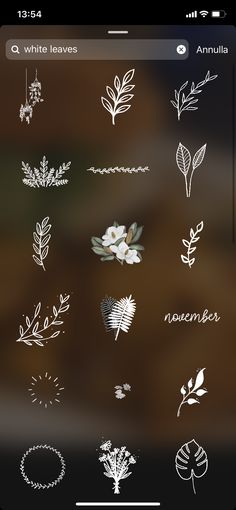 an iphone screen with various flowers and leaves drawn on the screen, all in white