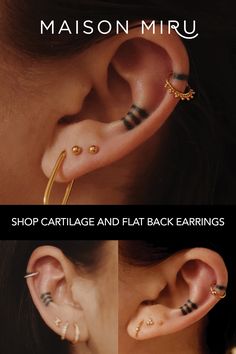 two pictures of ear piercings with the words shop cartilage and flat back earrings