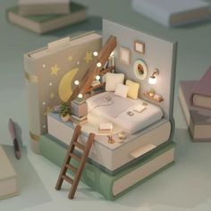 an open book with a miniature bed and ladder next to it, surrounded by other books