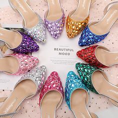 women's shoes with colorful sequins are arranged in a circle