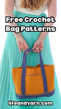 a woman holding a purse with the words free crochet bag patterns on it