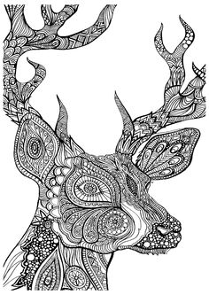 an adult coloring book page featuring a deer's head with intricate patterns on it