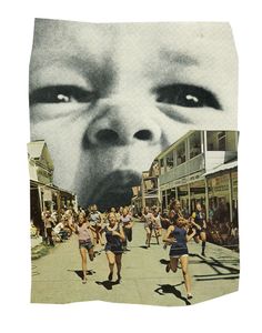 an image of people running down the street in front of a child's face