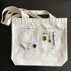 a tote bag that has various items on it