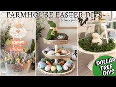 four different pictures with easter decorations and eggs