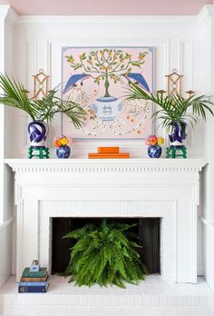 an instagram page with a fireplace and potted plants on the mantel above it