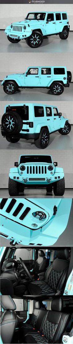 four different views of the interior and exterior of a blue jeep with black trims