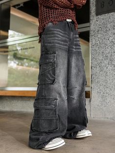 Black  Collar  Denim Plain Wide Leg Embellished Non-Stretch  Men Clothing