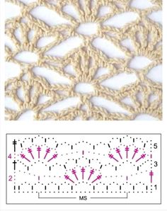 the crochet pattern is shown in pink and white, with two rows of stitches on