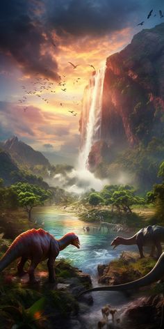 an artist's rendering of dinosaurs in front of a waterfall