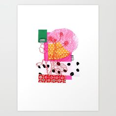 an abstract painting with pink, yellow and green colors on white paper art print by artist mark