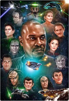 the poster for star trek is shown with many different faces and people in space behind it