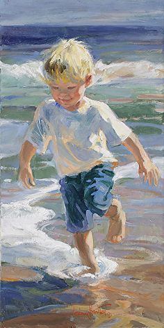 a painting of a young boy playing in the water at the beach with his feet in the surf