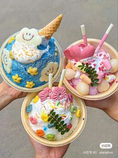 three small bowls filled with different types of cakes and ice creams on top of each other