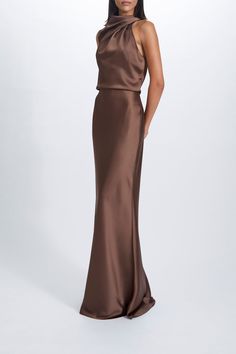 Fluid Satin asymmetric draped gown. It is possible to have this style Made to Order in any of our standard Fluid Satin colors, please reach out to customerservice@amsale.com to place an order. Shown in Truffle. Black Wedding Outfit Guest, Black Tie Bridesmaid Dresses, Black Tie Optional Wedding Guest Dress, Glam Bridesmaid Dresses, Champagne Gold Bridesmaid Dresses, Black Tie Bridesmaids, Earth Tone Clothes, Earth Tone Outfit, Black Tie Optional Wedding