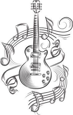 an electric guitar with musical notes and music staffs in the background stock illustration, clip art