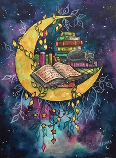 a painting of books on top of a moon