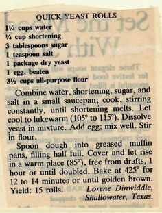 an old recipe for quick yeast rolls with instructions on how to make them in the microwave