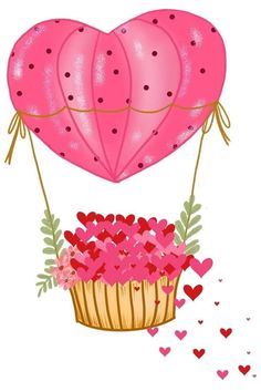 a hot air balloon filled with lots of pink flowers and hearts flying over the ground