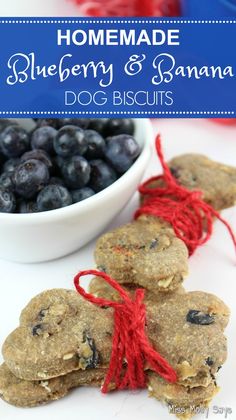 homemade blueberry and banana dog biscuits with red string